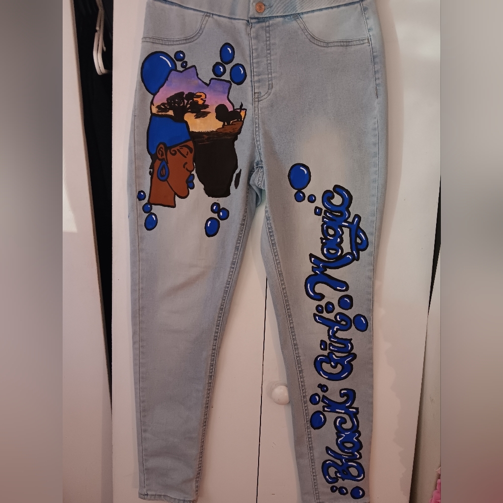 These are (used Hand painted womans high rise pants "Black Girl Magic"  sz 11/13